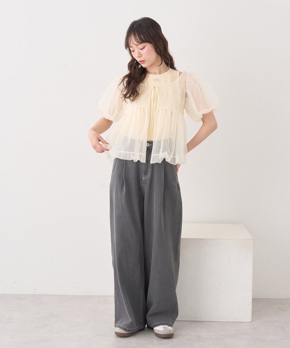 earth music&ecology ＳＥＴ２点チュールバルーンブラウス＋ロゴタンク 