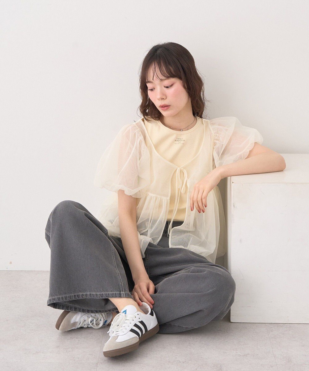 earth music&ecology ＳＥＴ２点チュールバルーンブラウス＋ロゴタンク 