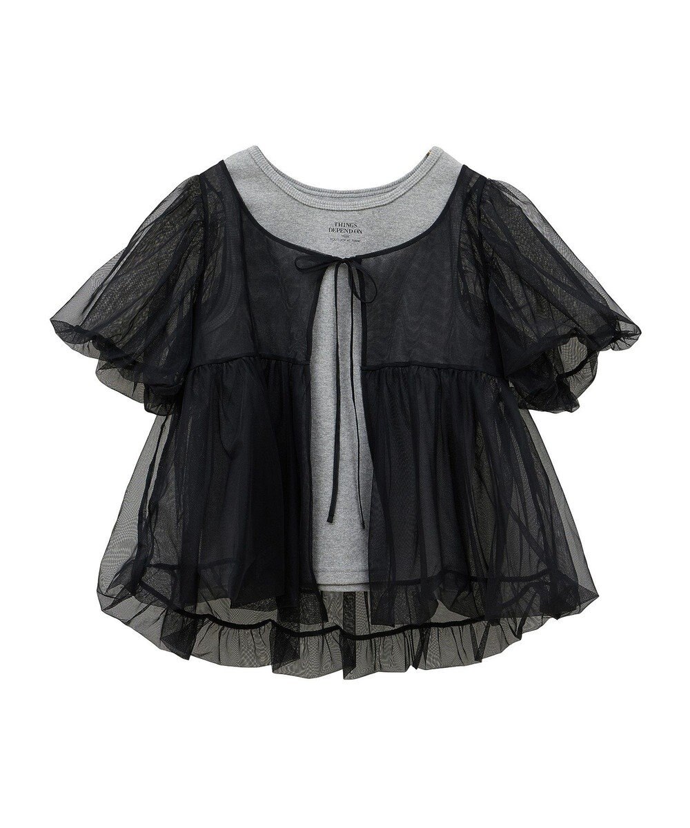 earth music&ecology ＳＥＴ２点チュールバルーンブラウス＋ロゴタンク 