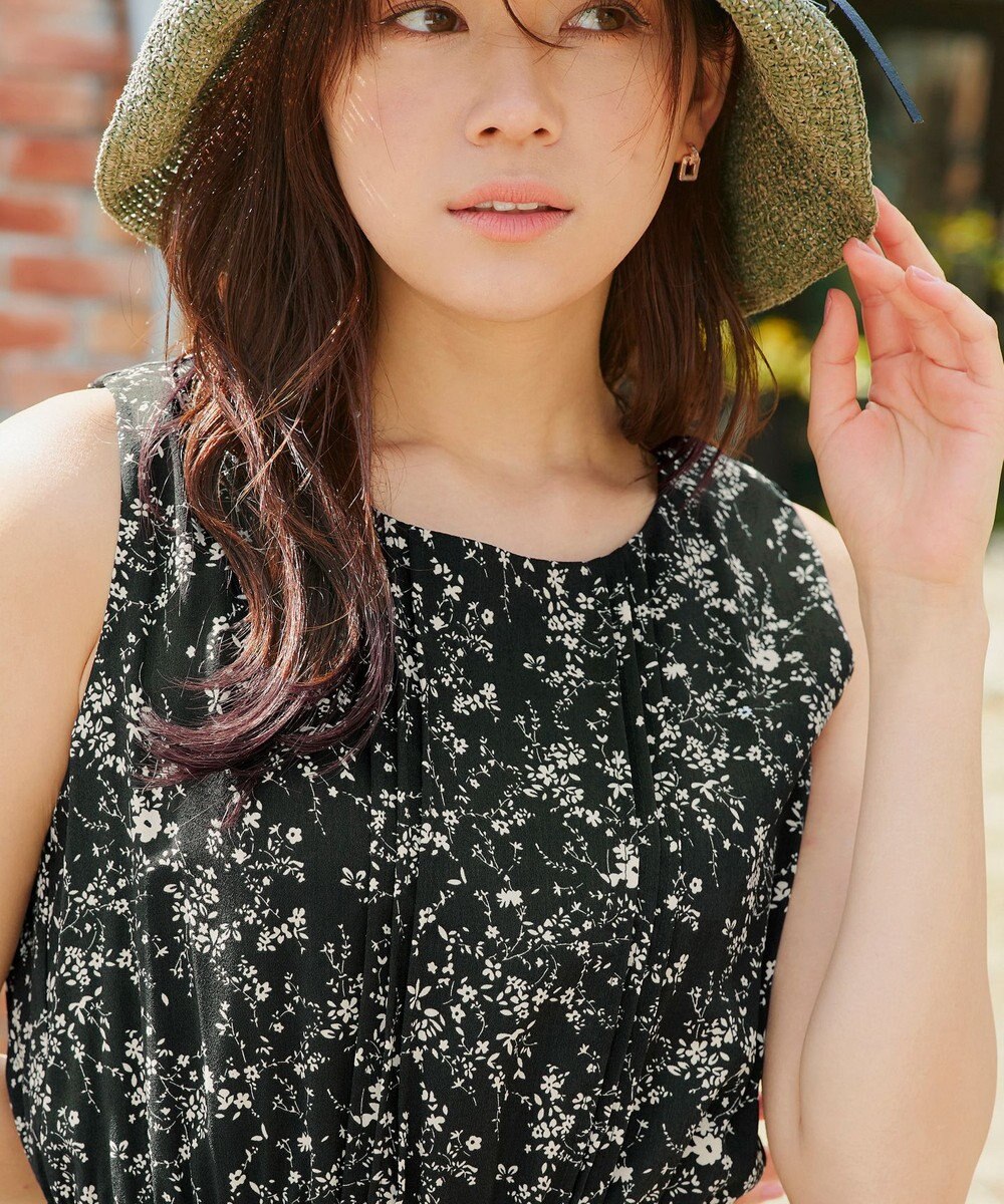 Tiaclasse 【袖が選べる・洗える】配色モノクロ花柄ワンピース 