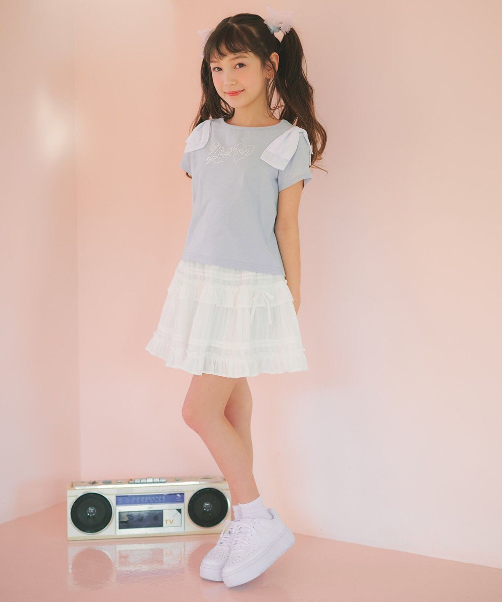 ANY KIDS 【綿100%】肩リボン×ラインストーンロゴ 半袖Tシャツ 