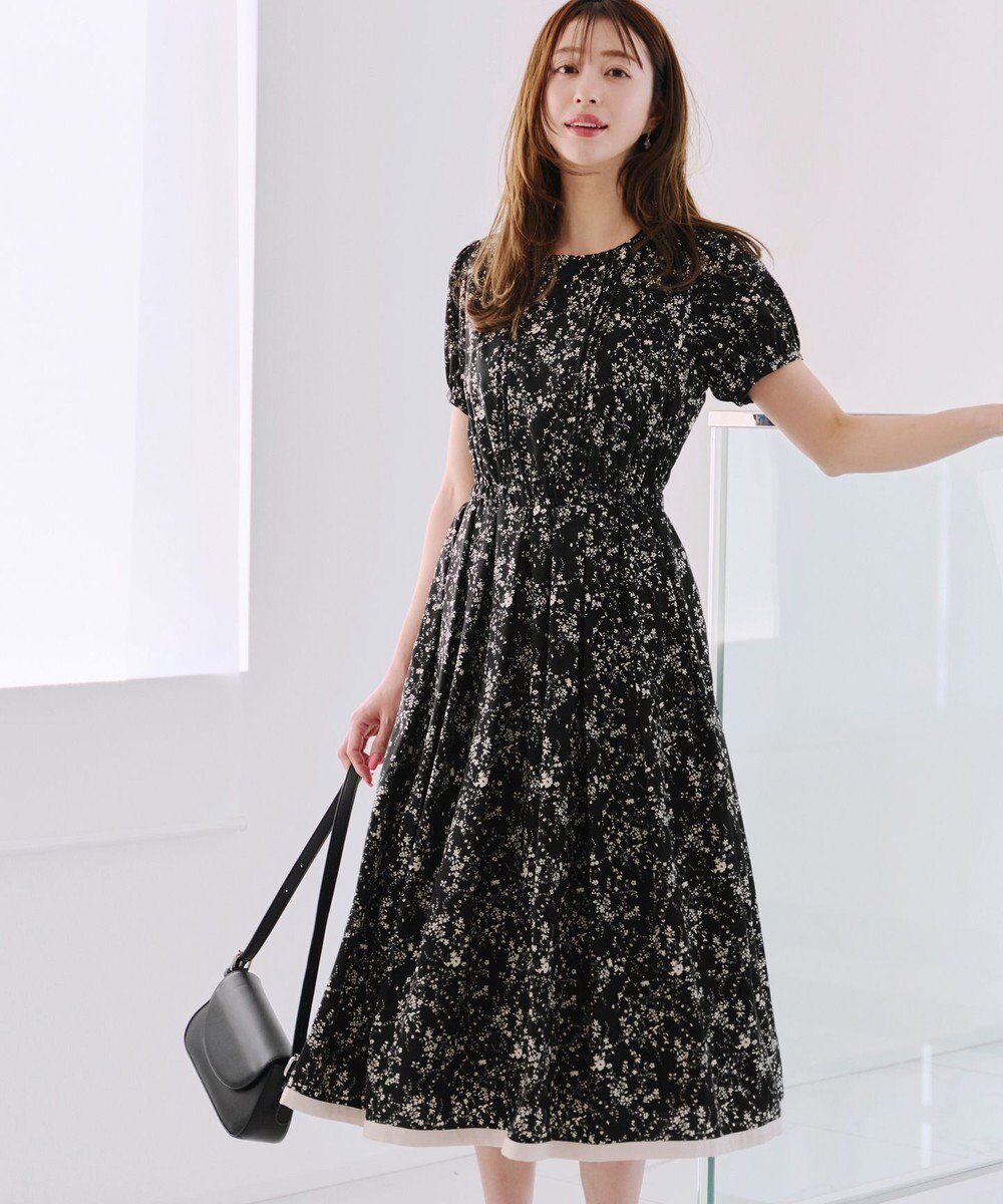 Tiaclasse 【袖が選べる・洗える】配色モノクロ花柄ワンピース 