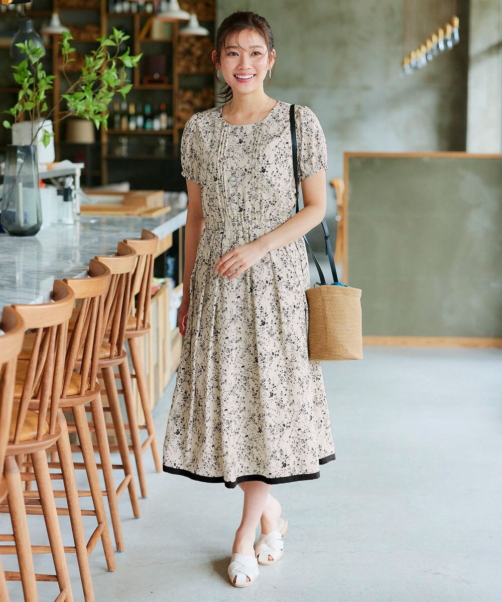 Tiaclasse 【袖が選べる・洗える】配色モノクロ花柄ワンピース 