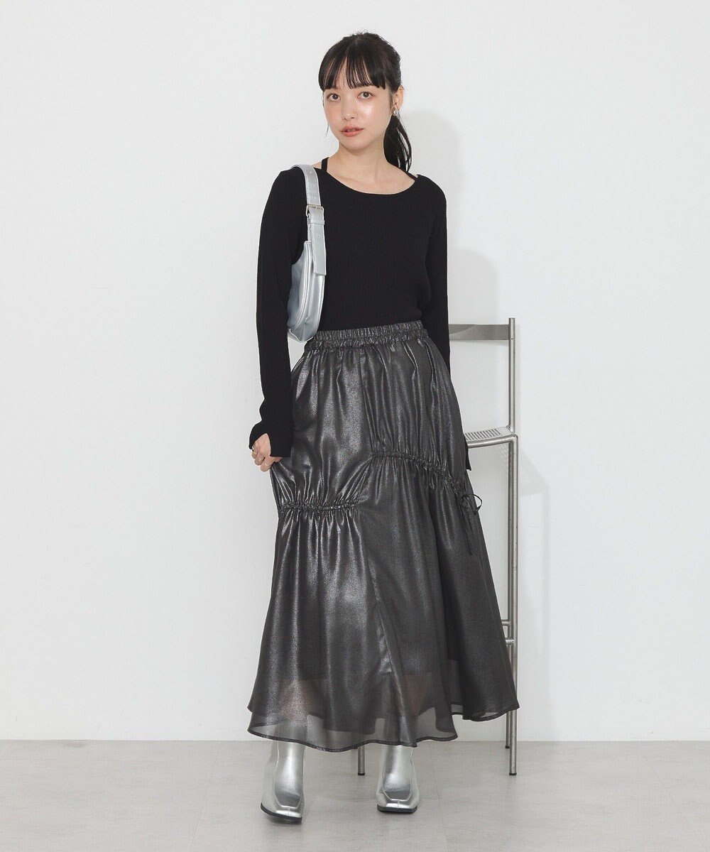 earth music&ecology シャイニーアシンメトリーギャザースカート 