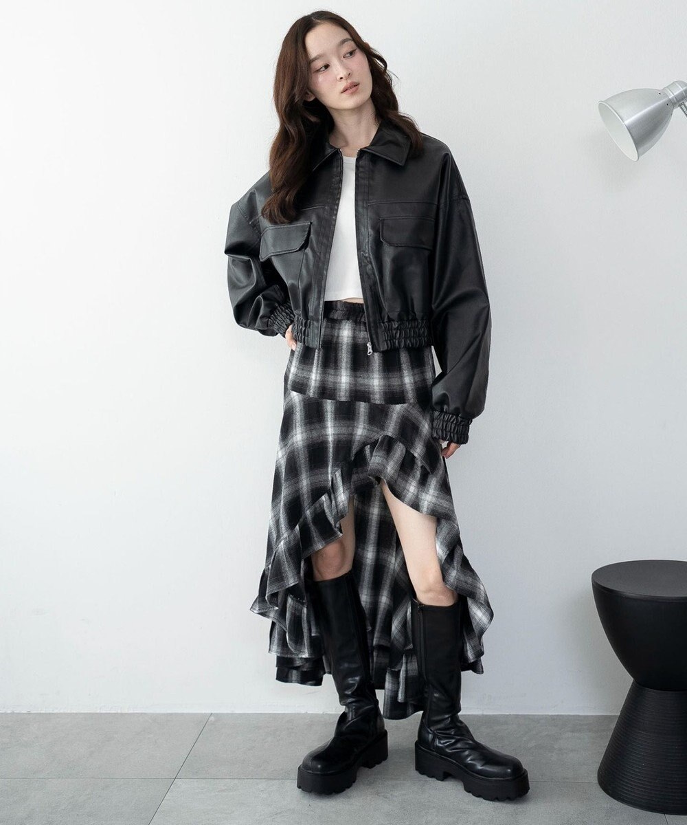 WEGO チェックアシンメトリーフリルロングスカート 