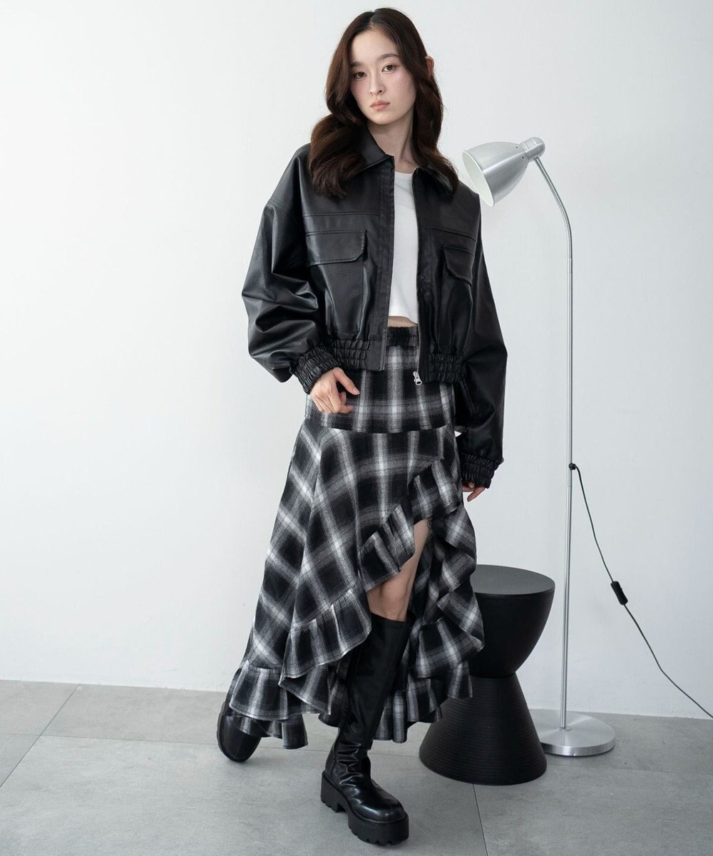 WEGO チェックアシンメトリーフリルロングスカート 