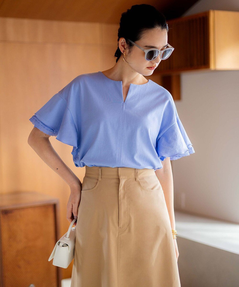 組曲 【汗ジミ防止・撥水】GIZAプレーティング天竺袖フリル カットソー 