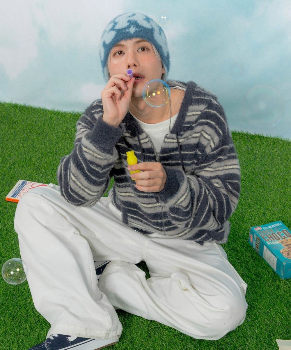 WEGO 【ユニセックス着用ITEM】シャギーボーダーニットパーカー 