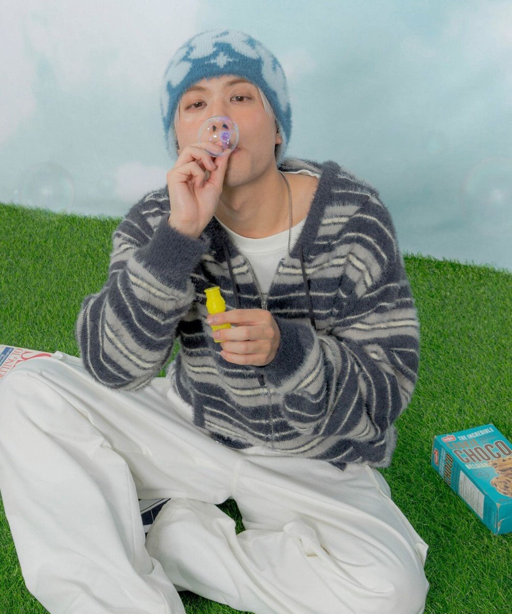 WEGO 【ユニセックス着用ITEM】シャギーボーダーニットパーカー 