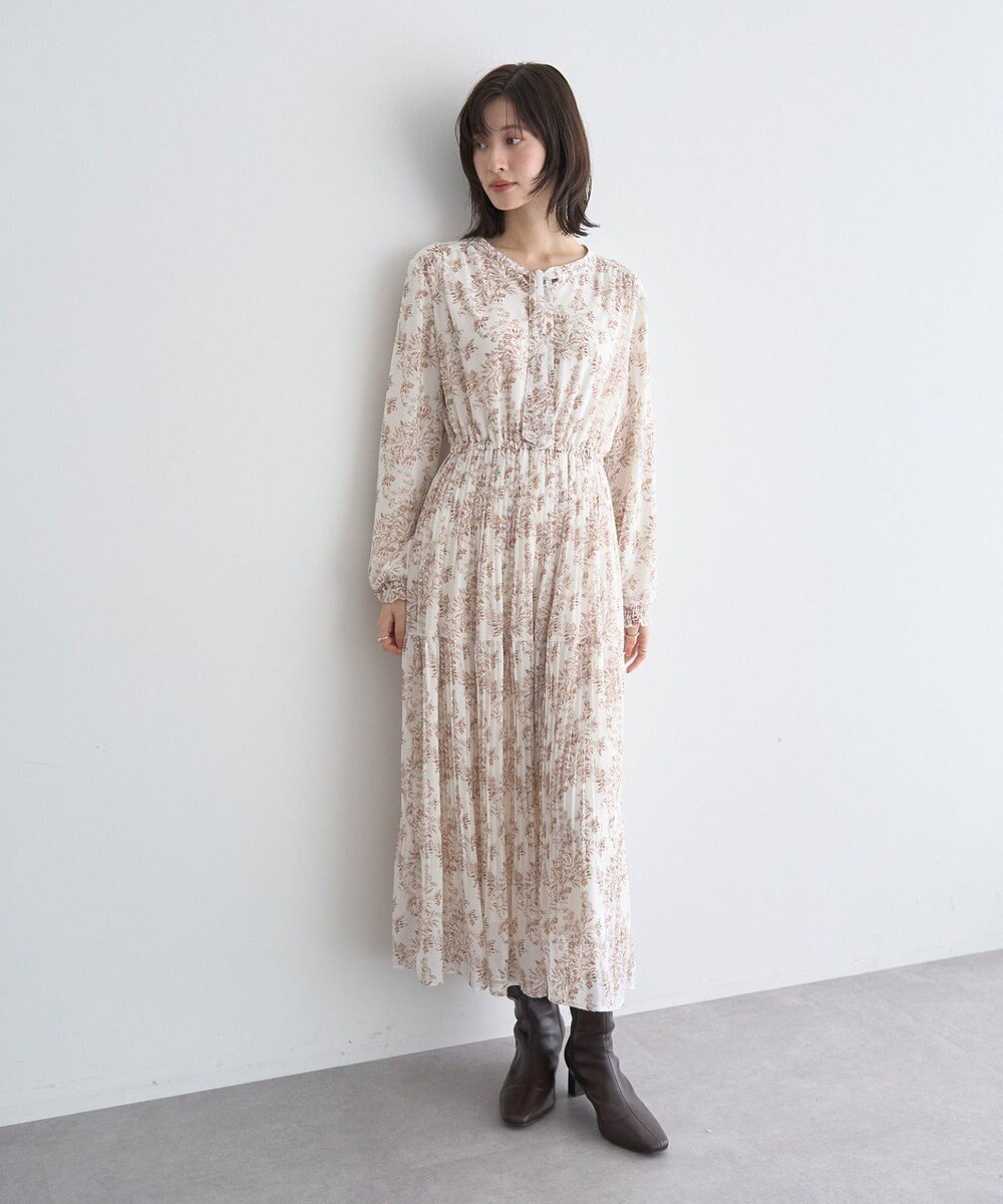 YECCA VECCA ボタニカル柄ボウタイプリーツワンピース 