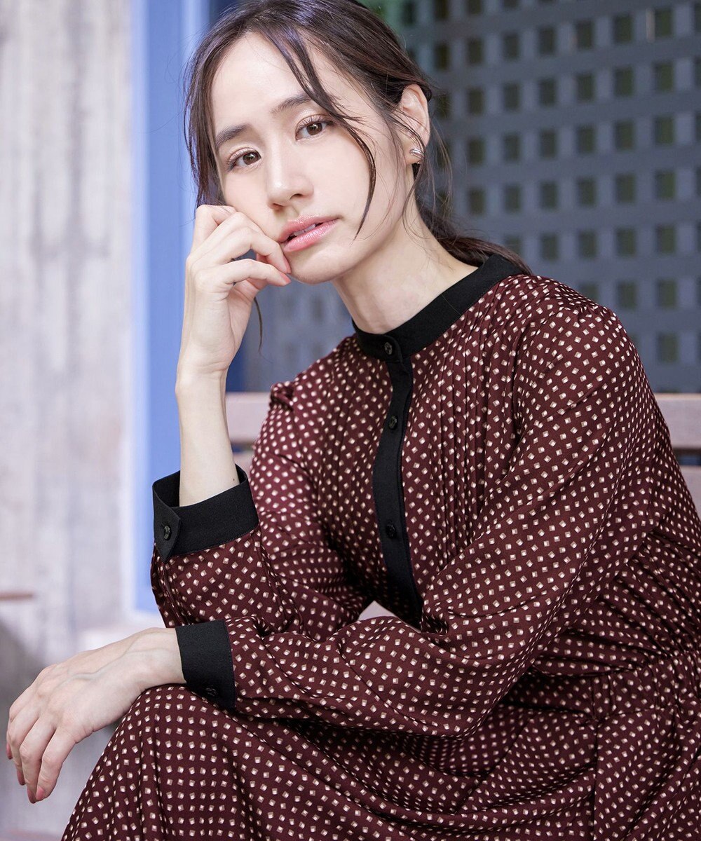 Tiaclasse 【新色追加・洗える】配色バンドカラー幾何学柄ワンピース 