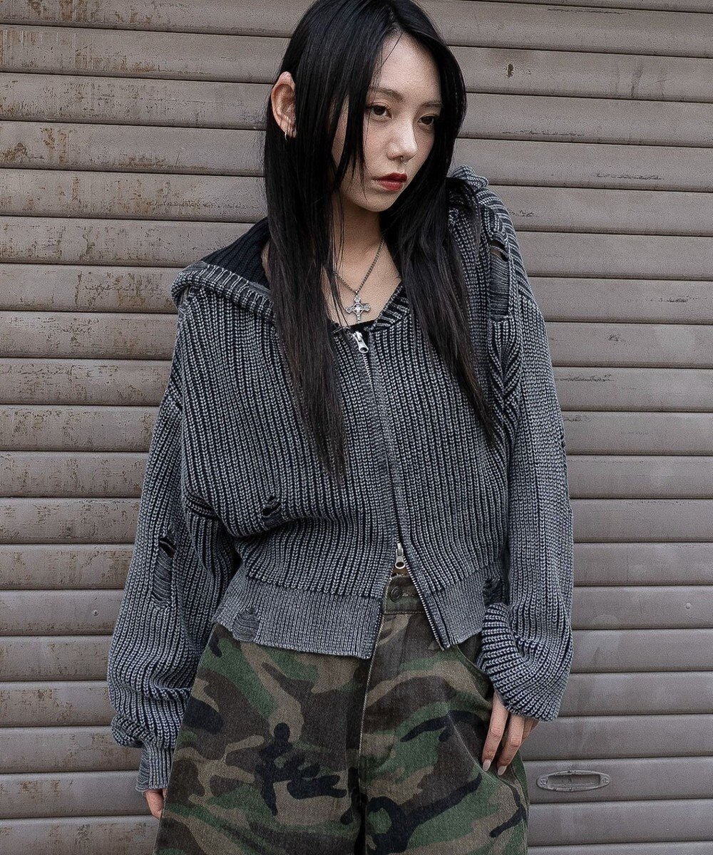 WEGO ダメージニットジップパーカー 