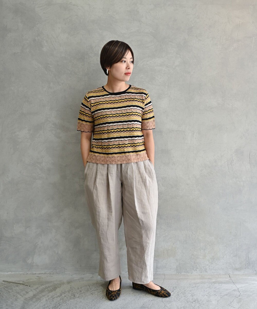 muuc 〈高品質シルク100%〉透かしレース編み シルクマルチボーダー半袖プルオーバー 