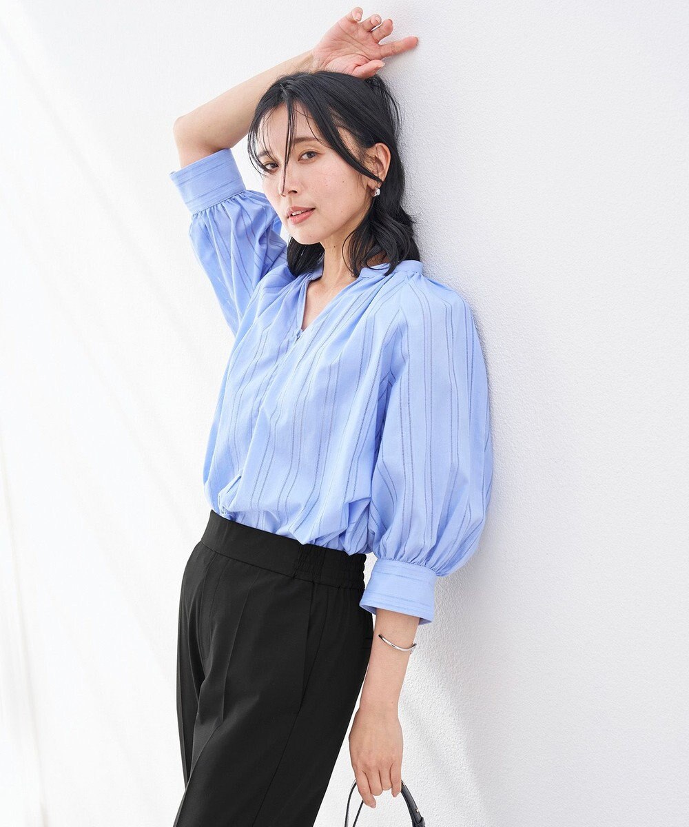 UNFILO ストライプレース ギャザーブラウス 