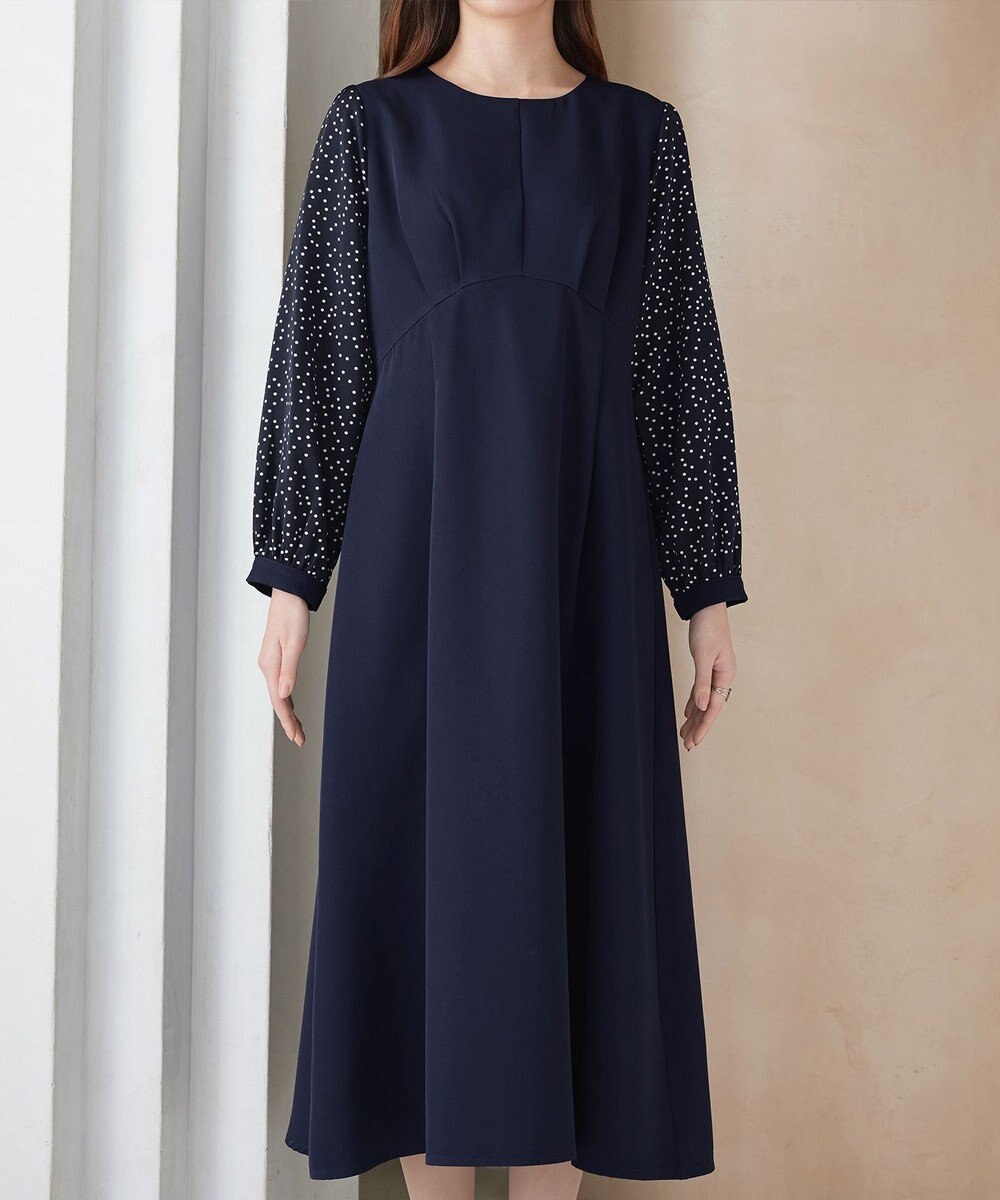 Tiaclasse L ドット柄コンビバックリボンタックワンピース 