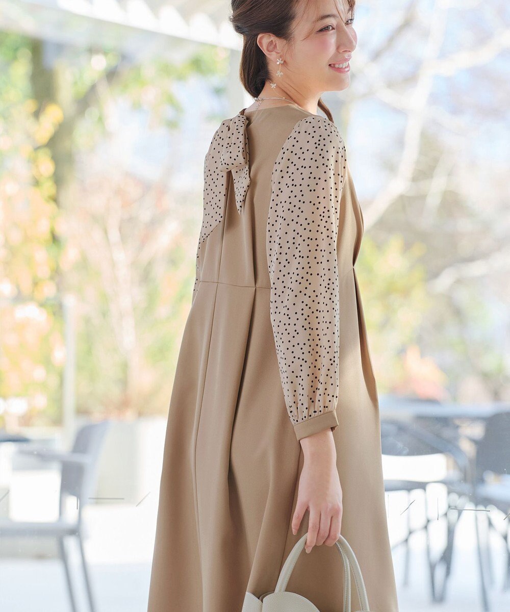 Tiaclasse L ドット柄コンビバックリボンタックワンピース 