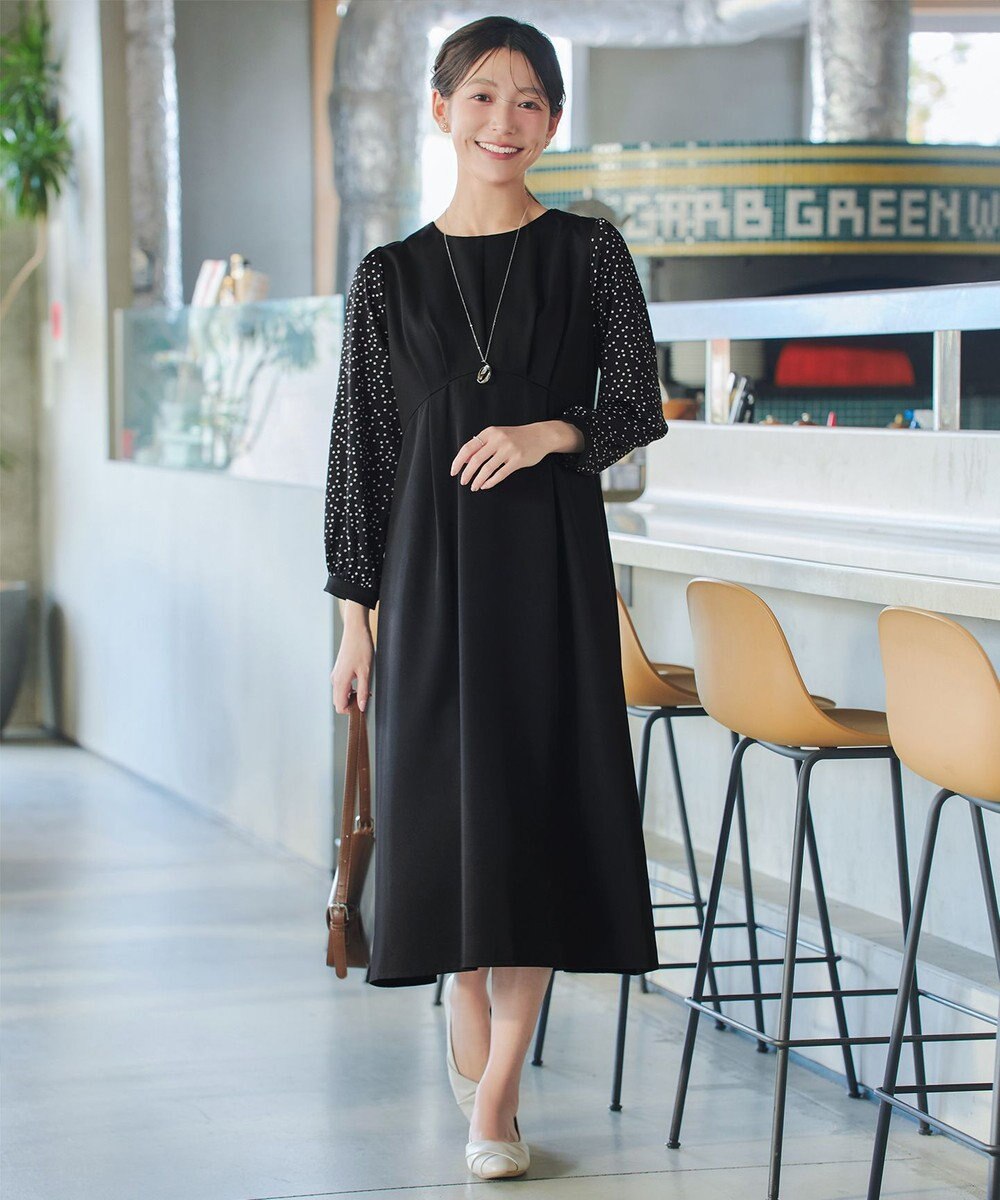 Tiaclasse L ドット柄コンビバックリボンタックワンピース 
