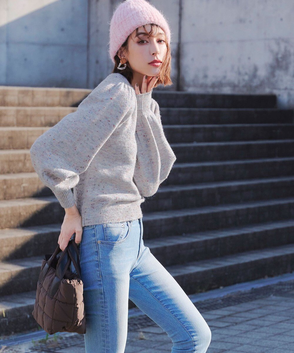 Tiaclasse L 【ウール混】パフスリーブファンシーヤーンニットトップス 