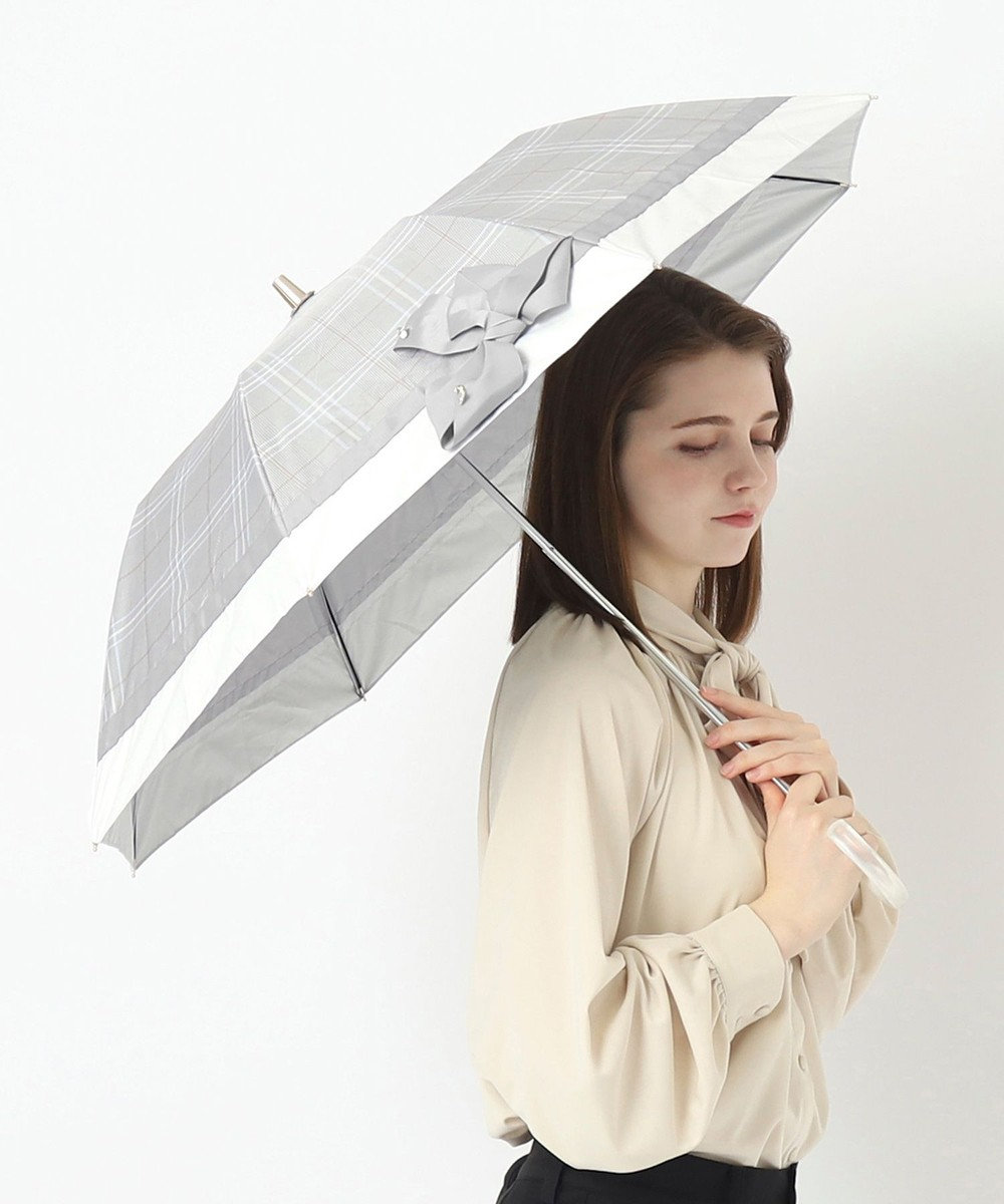 MOONBAT ランバン オン ブルー 晴雨兼用日傘 折りたたみ傘 切り継ぎビジューリボン 遮光 遮熱 UV グレー（グレンチェック）