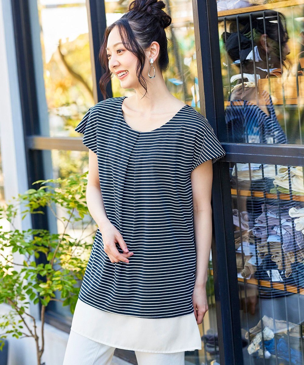 Tiaclasse 【洗える】 異素材を組み合わせたバックシャンカットチュニックブラウス 