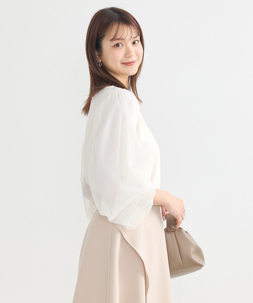 earth music&ecology キラキラストーンパールチュールスリーブプルオーバー 