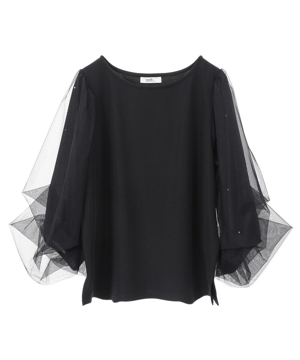 earth music&ecology キラキラストーンパールチュールスリーブプルオーバー 