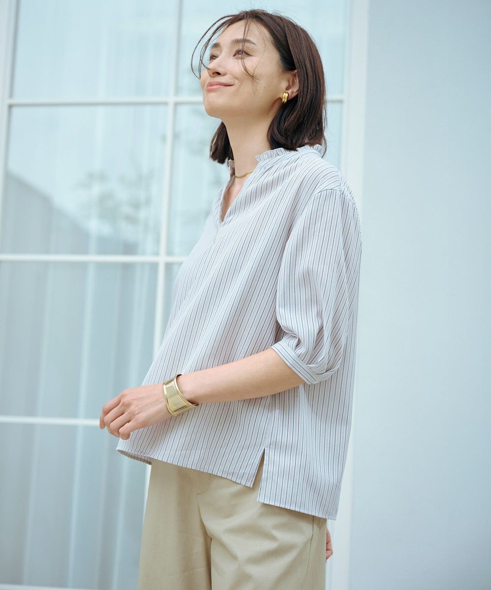 J.PRESS LADIES 【洗える・接触冷感】ドビー強撚ストライプ スキッパー ブラウス 