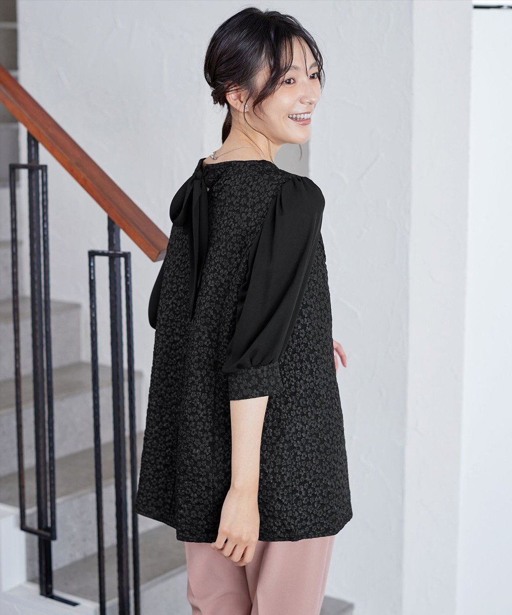 Tiaclasse L 【洗える】フラワーJQ袖シフォンチュニック 