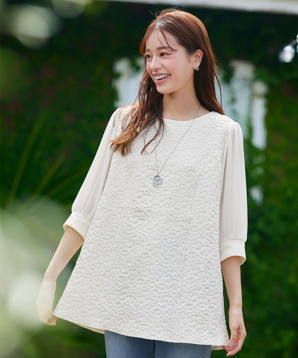 Tiaclasse L 【洗える】フラワーJQ袖シフォンチュニック 