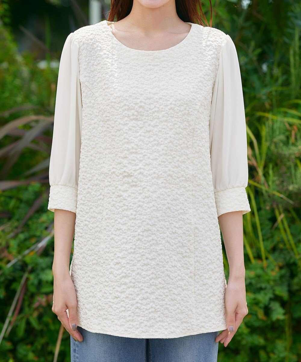 Tiaclasse L 【洗える】フラワーJQ袖シフォンチュニック 