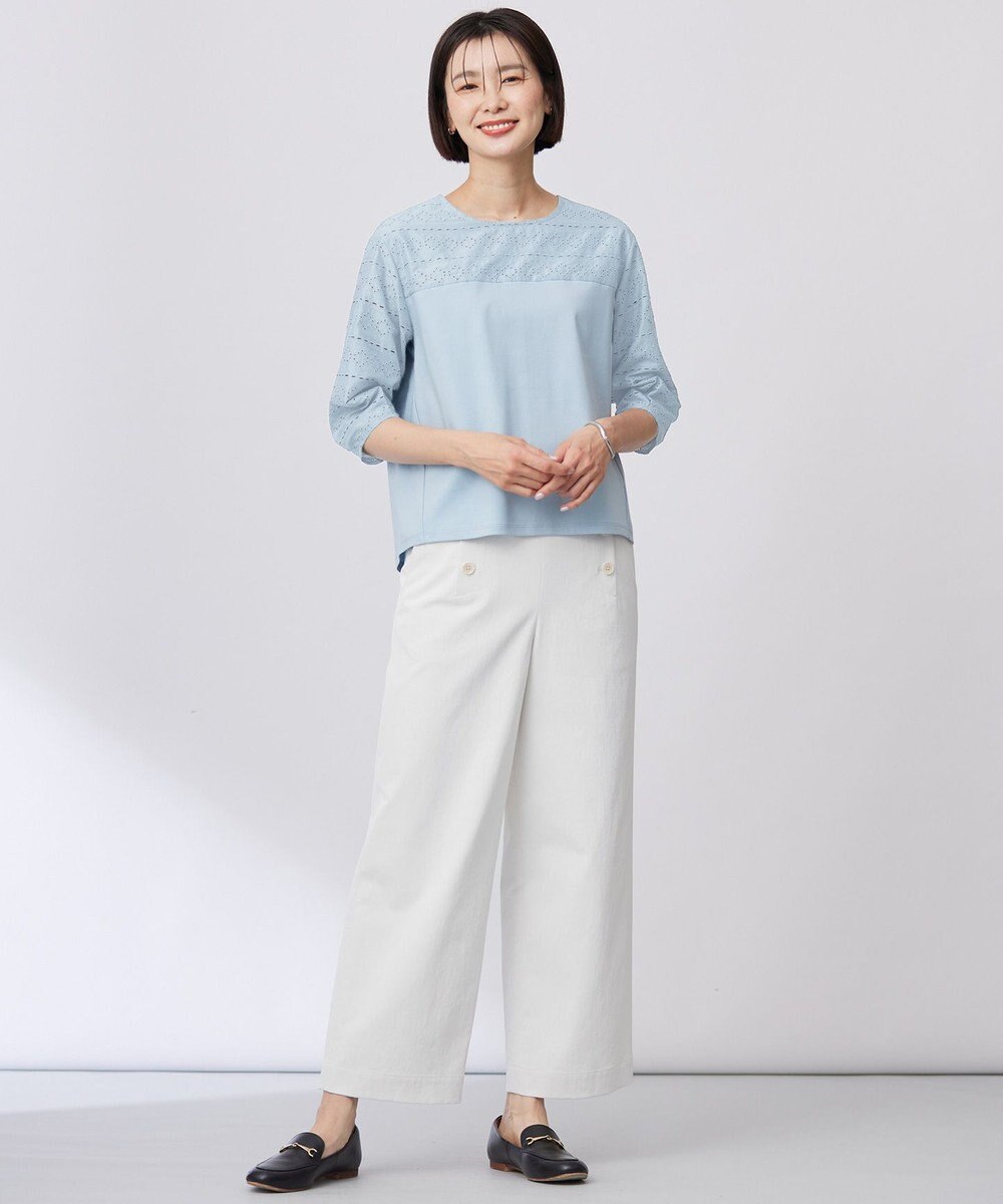 J.PRESS LADIES 【洗える・接触冷感・UVケア・吸水速乾・防透け】麻シェルドライ ワイドストレート マリン パンツ 