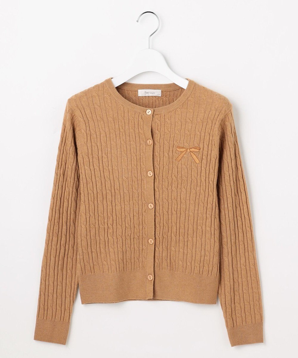 Feroux ケーブル編み×リボン刺繍 ニット カーディガン 