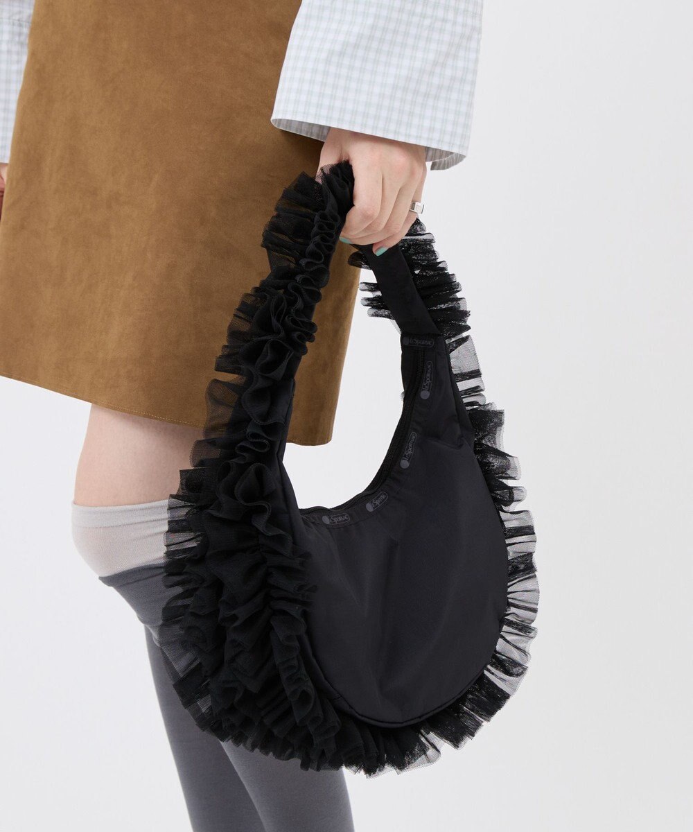 LeSportsac RUFFLE ZIP HOBO/ブラックレースラッフル 