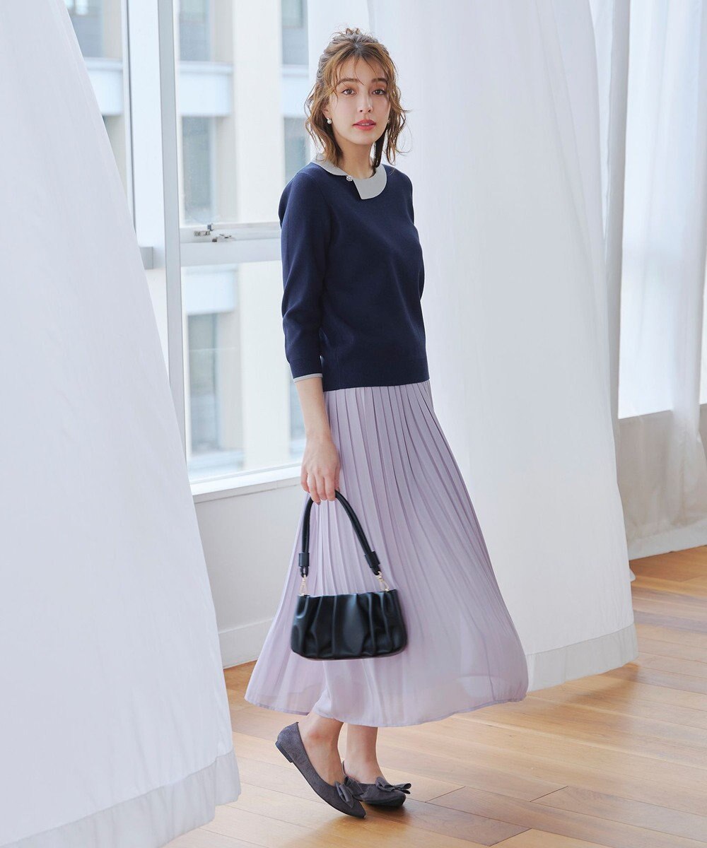 Tiaclasse 【洗える】配色衿ビジュー付きニットトップス 