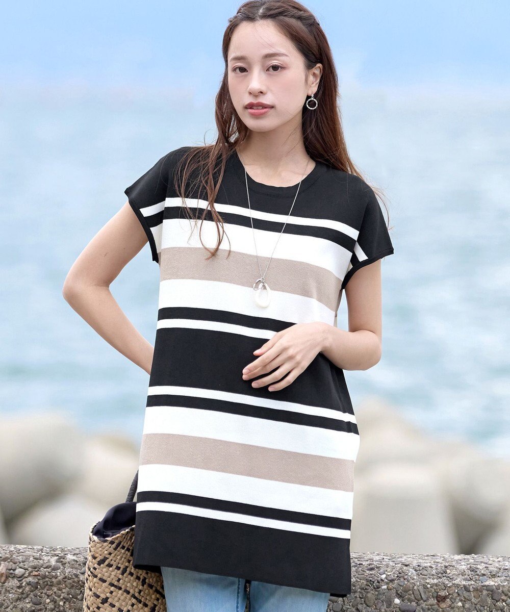 Tiaclasse L 【洗える】マルチボーダーフレンチニットチュニック 