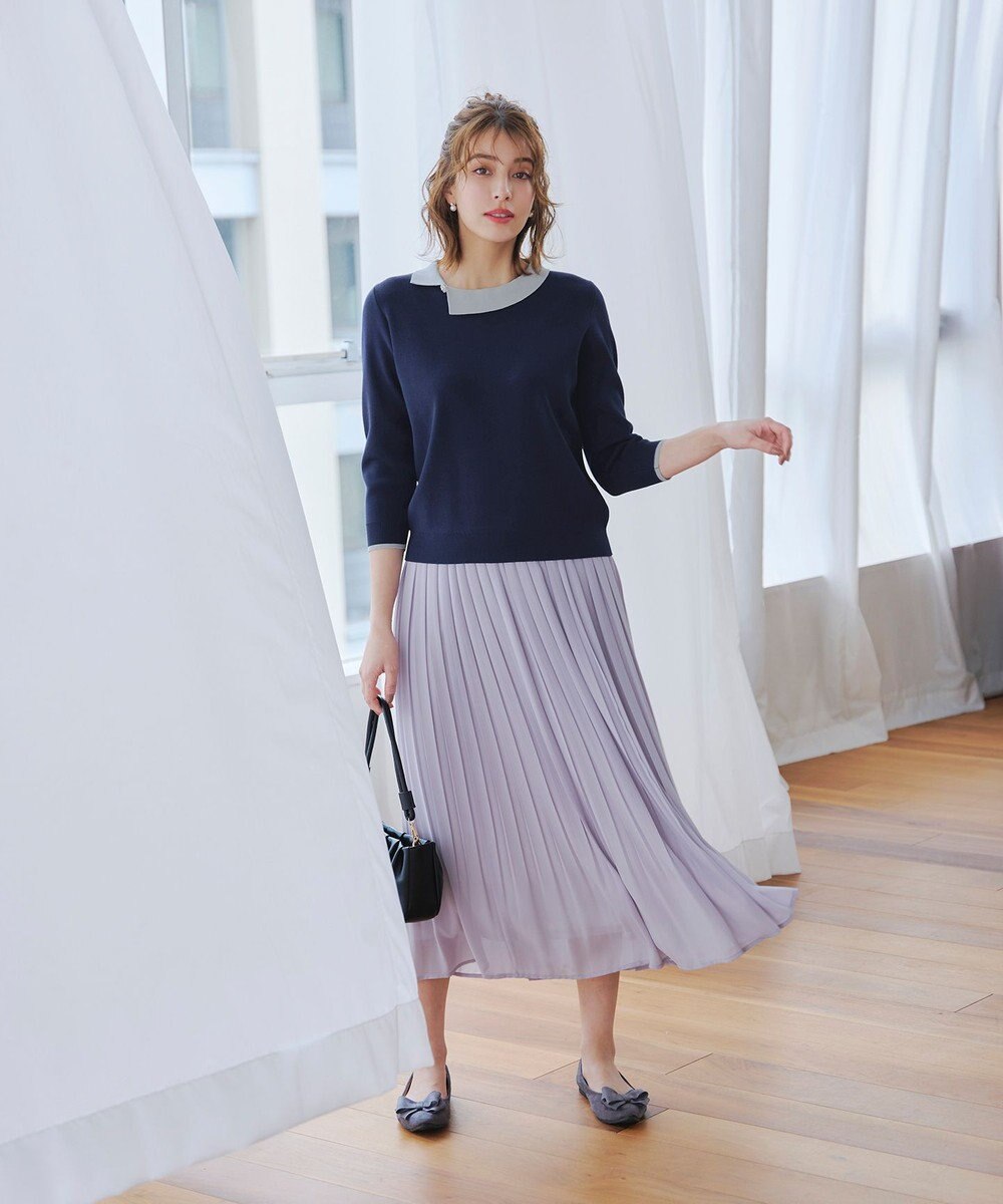 Tiaclasse 【洗える】配色衿ビジュー付きニットトップス 