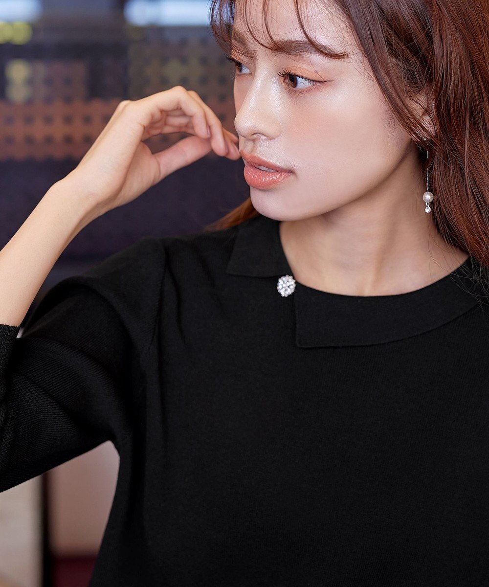 Tiaclasse 【洗える】配色衿ビジュー付きニットトップス 