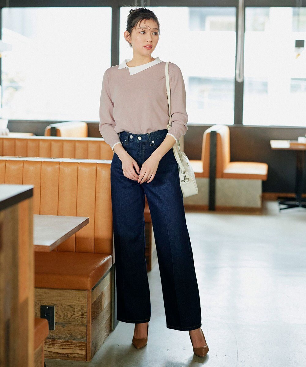 Tiaclasse 【洗える】配色衿ビジュー付きニットトップス 