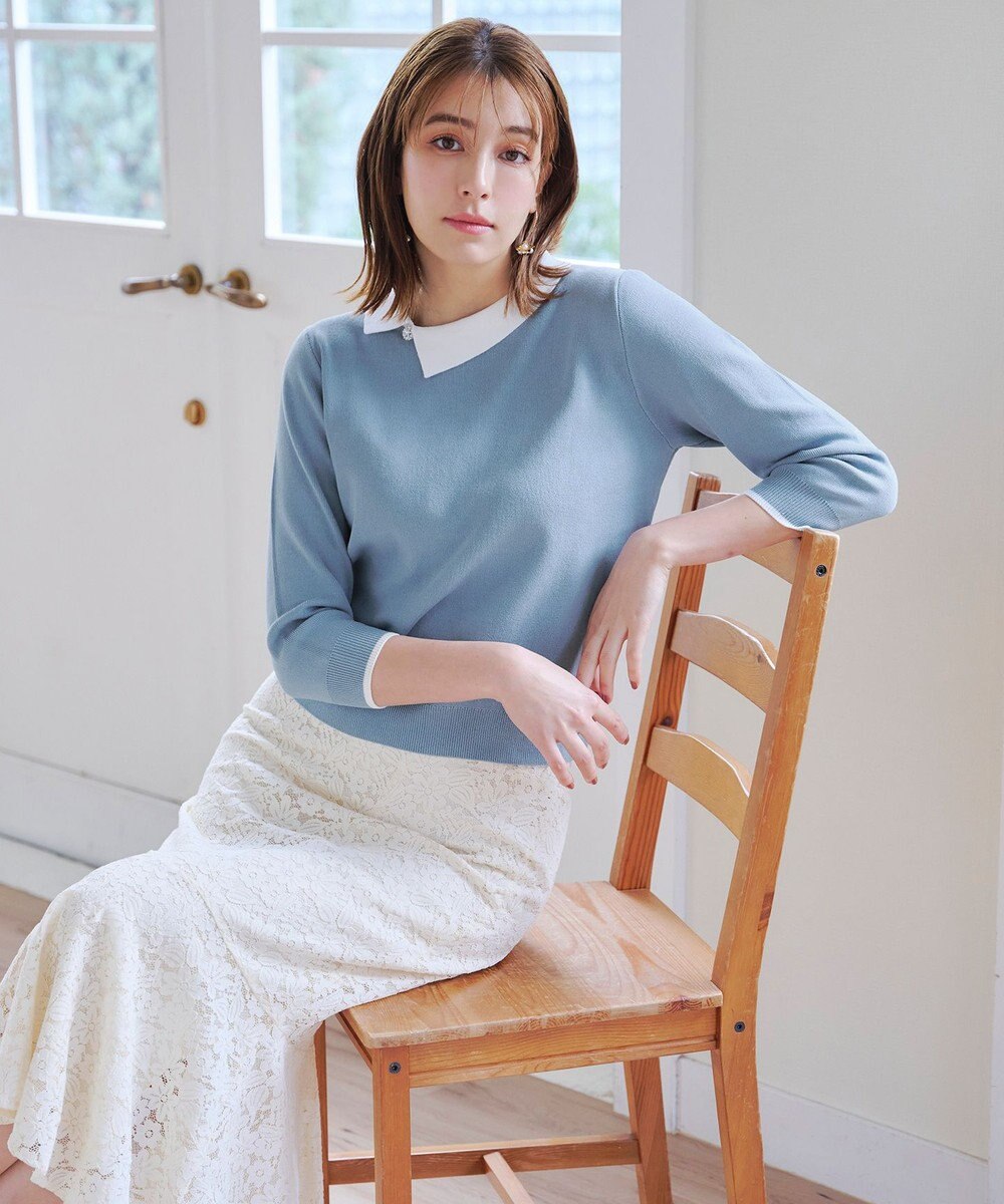 Tiaclasse 【洗える】配色衿ビジュー付きニットトップス 