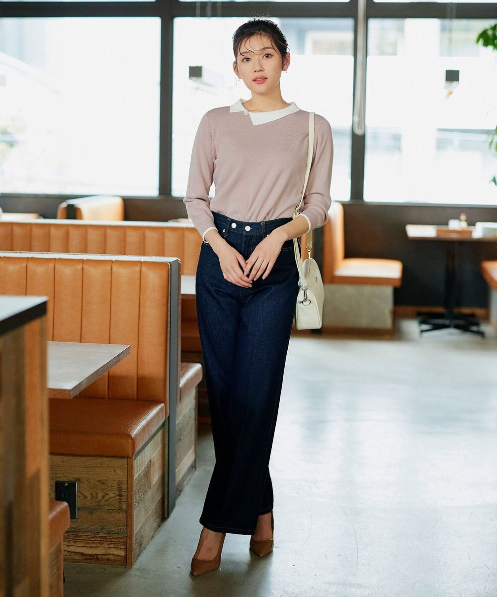 Tiaclasse 【洗える】配色衿ビジュー付きニットトップス 