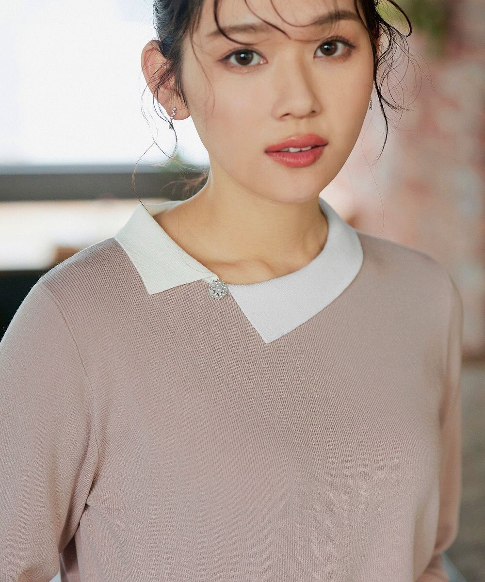 Tiaclasse 【洗える】配色衿ビジュー付きニットトップス 