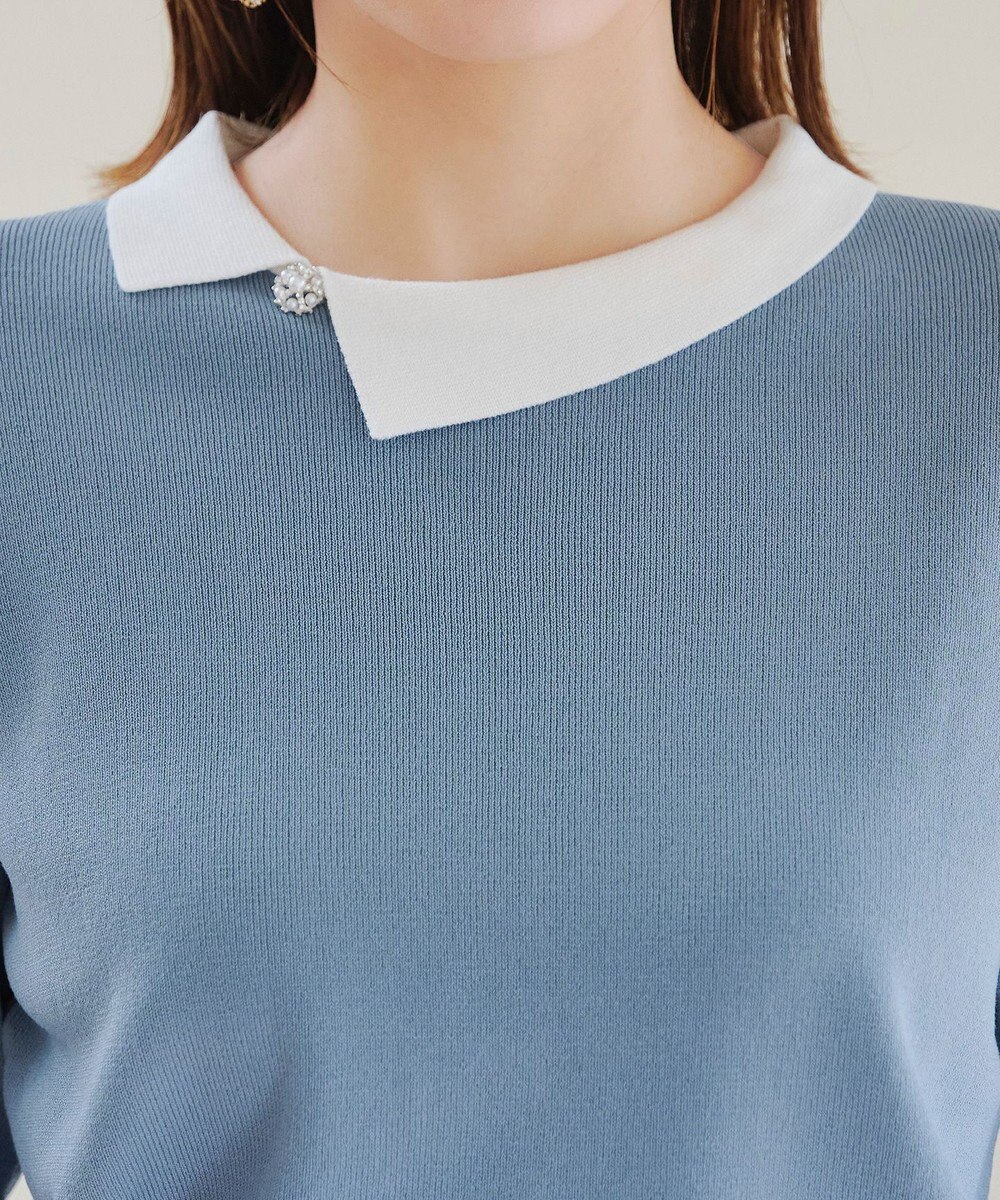Tiaclasse 【洗える】配色衿ビジュー付きニットトップス 