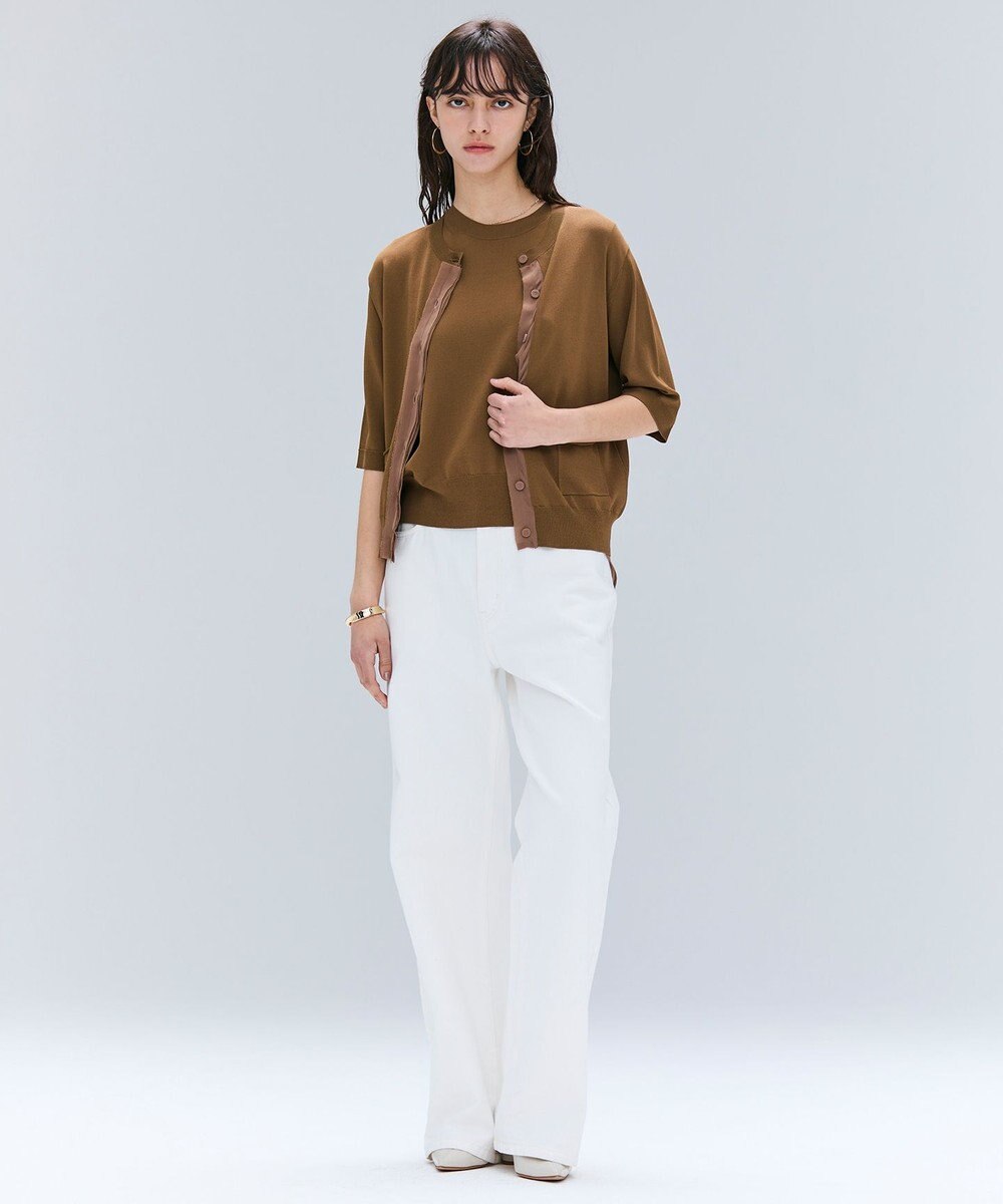 BEIGE， 【洗える】VALOIS / ジョーゼットトリム半袖カーディガン 