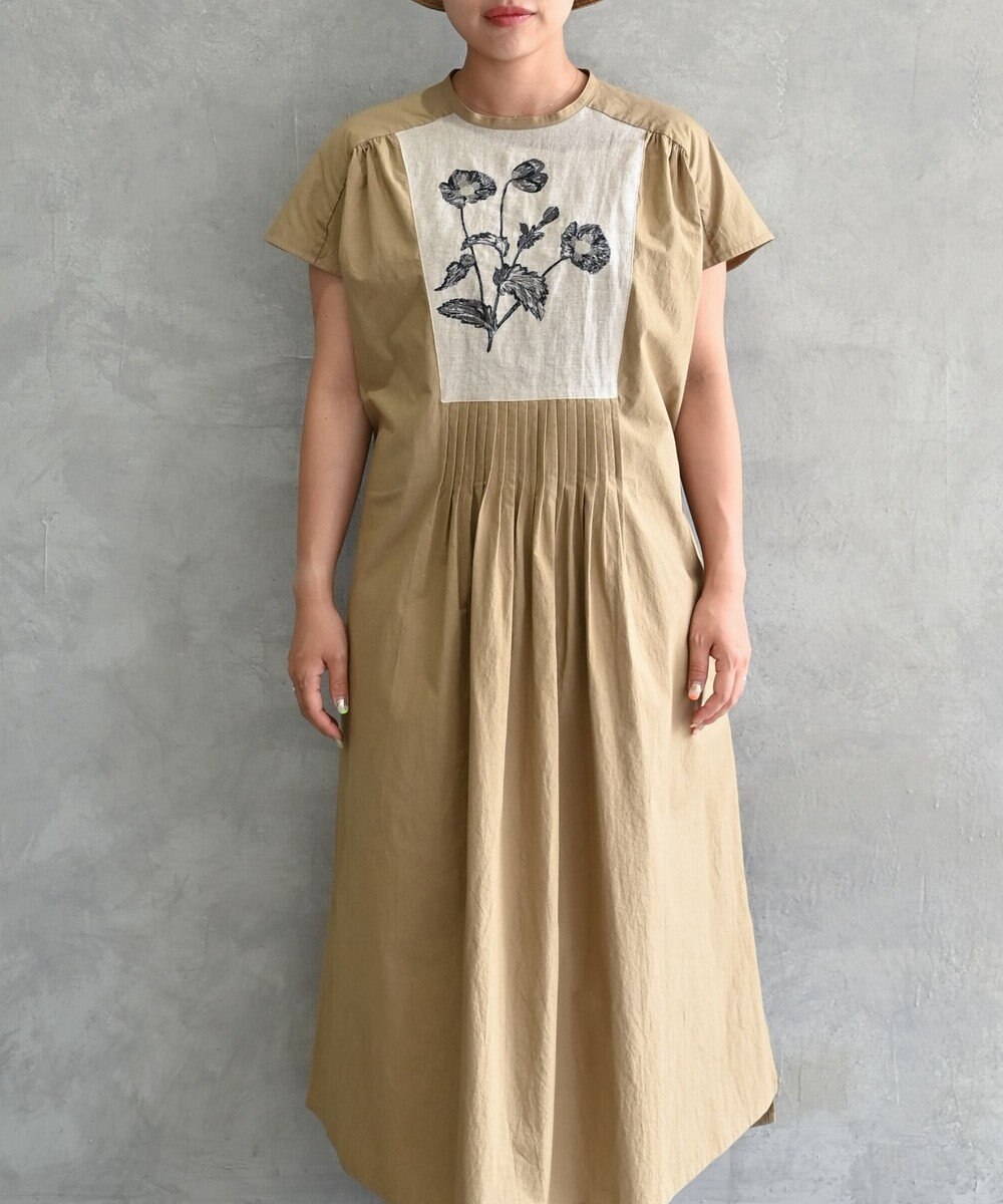 muuc 〈遠州織物〉ウエスト紐付き フレンチスリーブ ポピーの花刺繍 ワンピース 