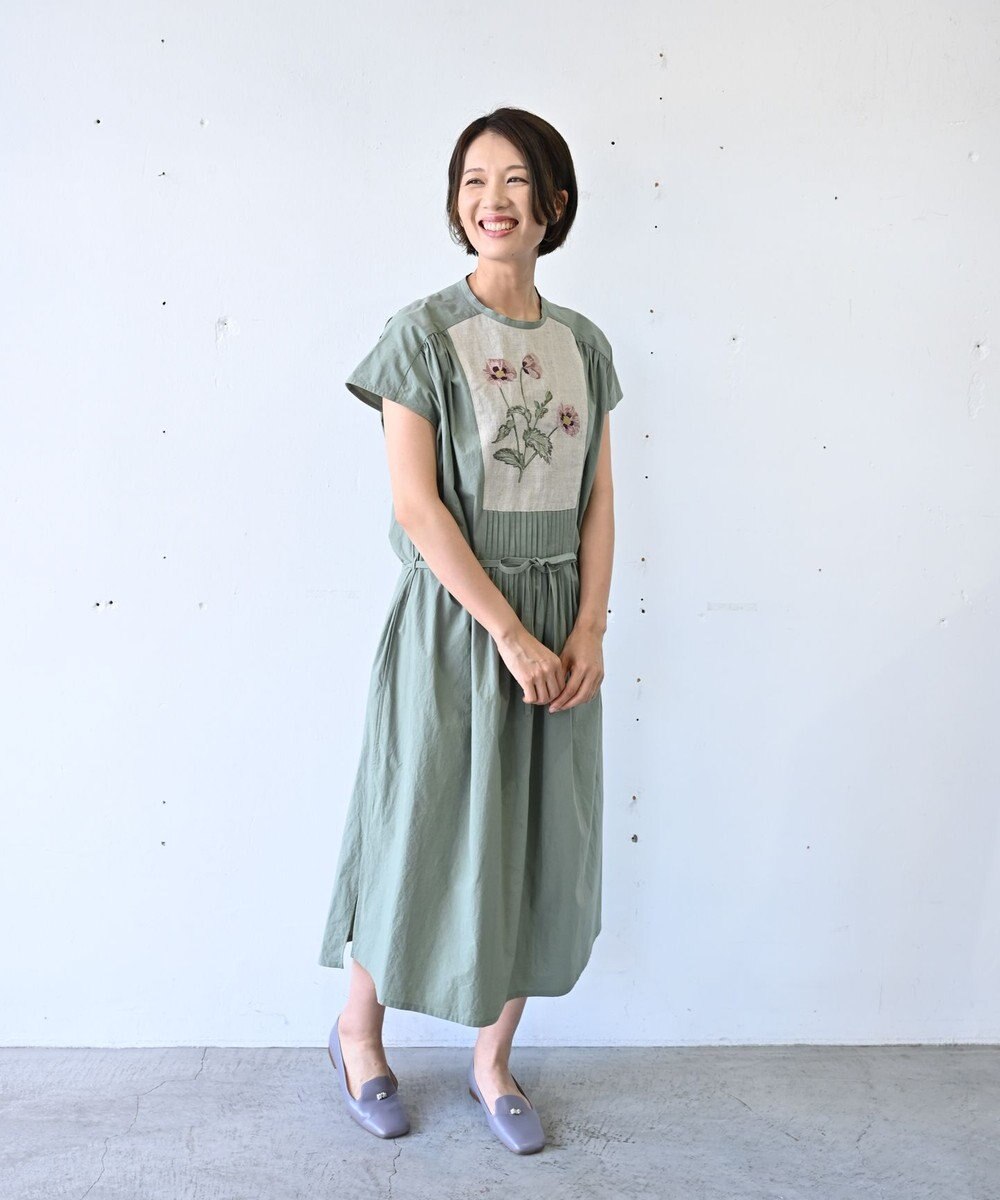 muuc 〈遠州織物〉ウエスト紐付き フレンチスリーブ ポピーの花刺繍 ワンピース 