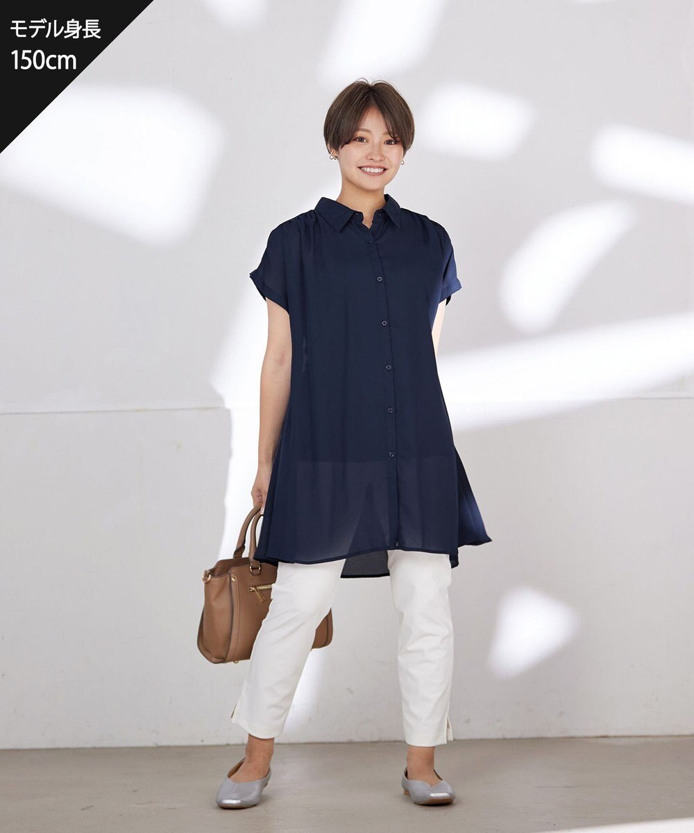 Tiaclasse L 【洗える】フレンチスリーブシャツチュニックブラウス 