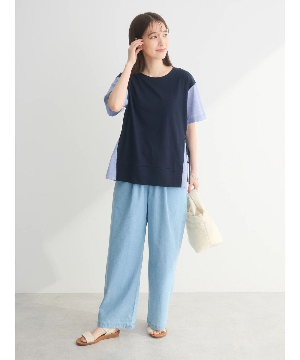 Green Parks 脇リボン５分袖布帛ドッキングプルオーバー 