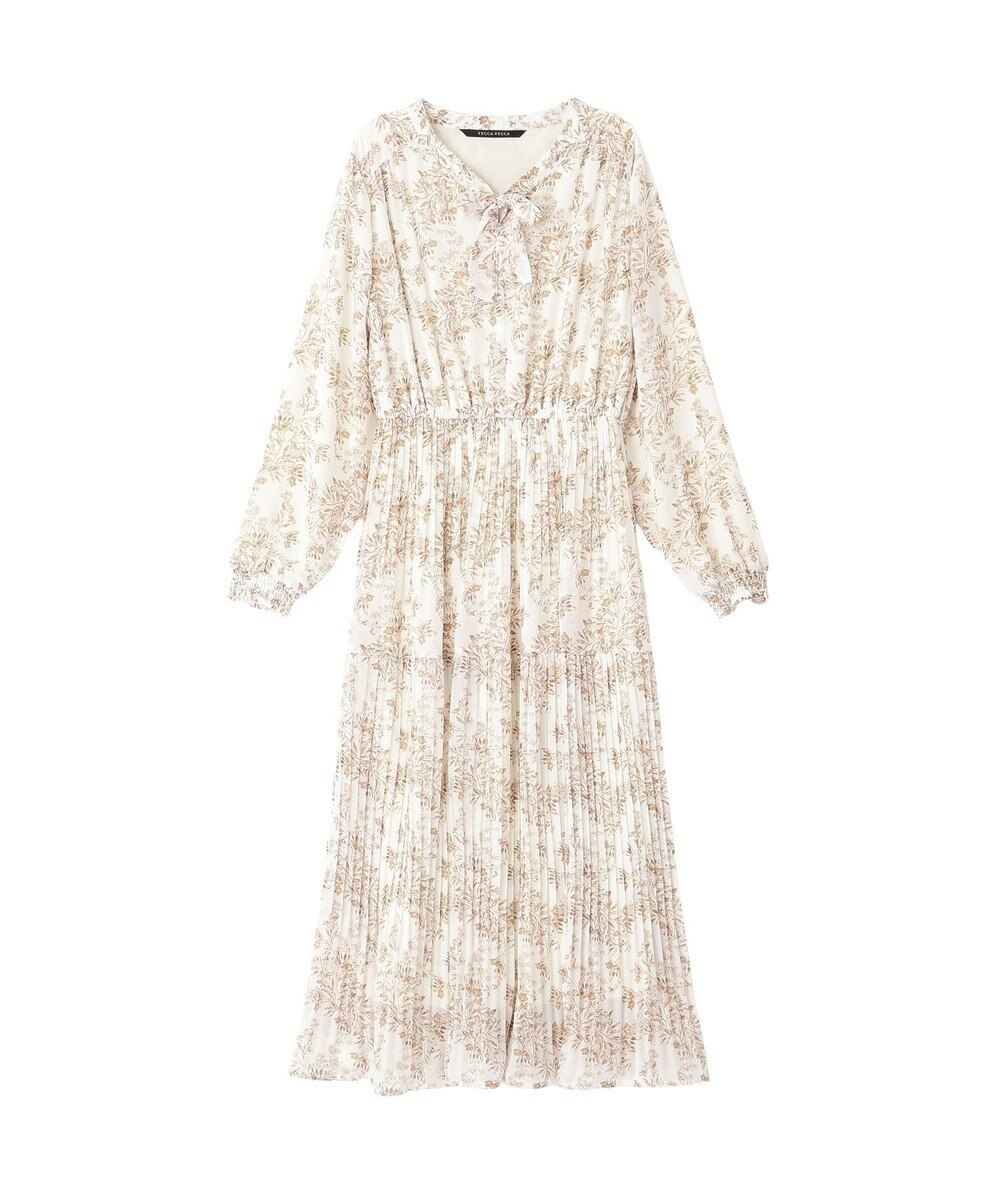 YECCA VECCA ボタニカル柄ボウタイプリーツワンピース 