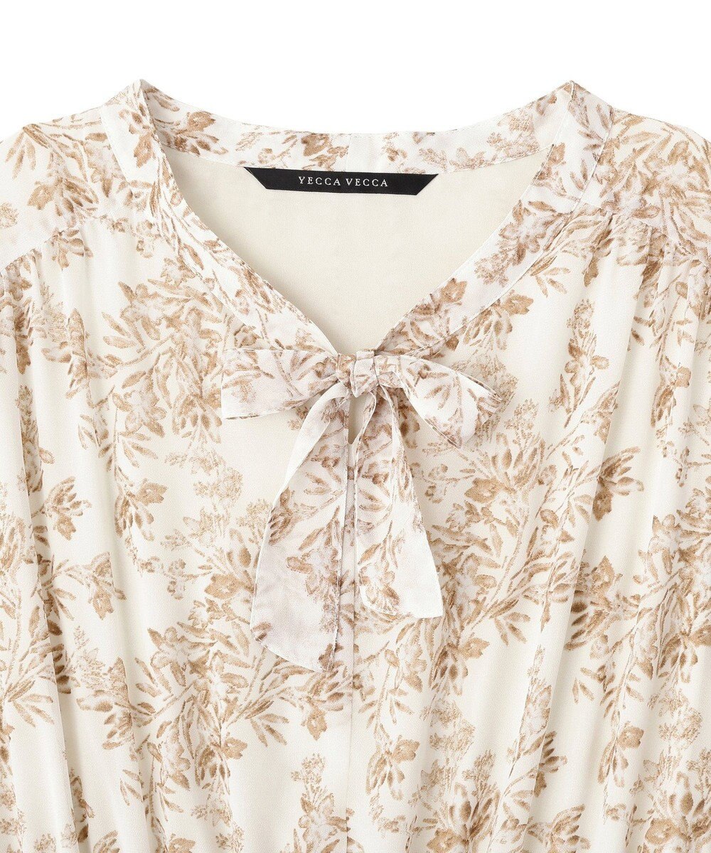 YECCA VECCA ボタニカル柄ボウタイプリーツワンピース 