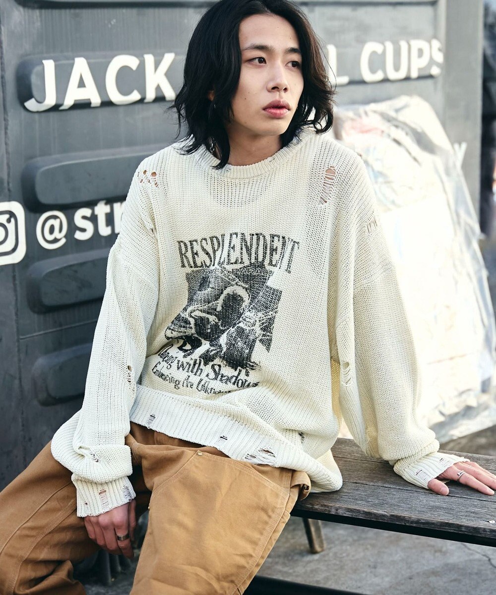 WEGO グラフィックダメージニットプルオーバー 